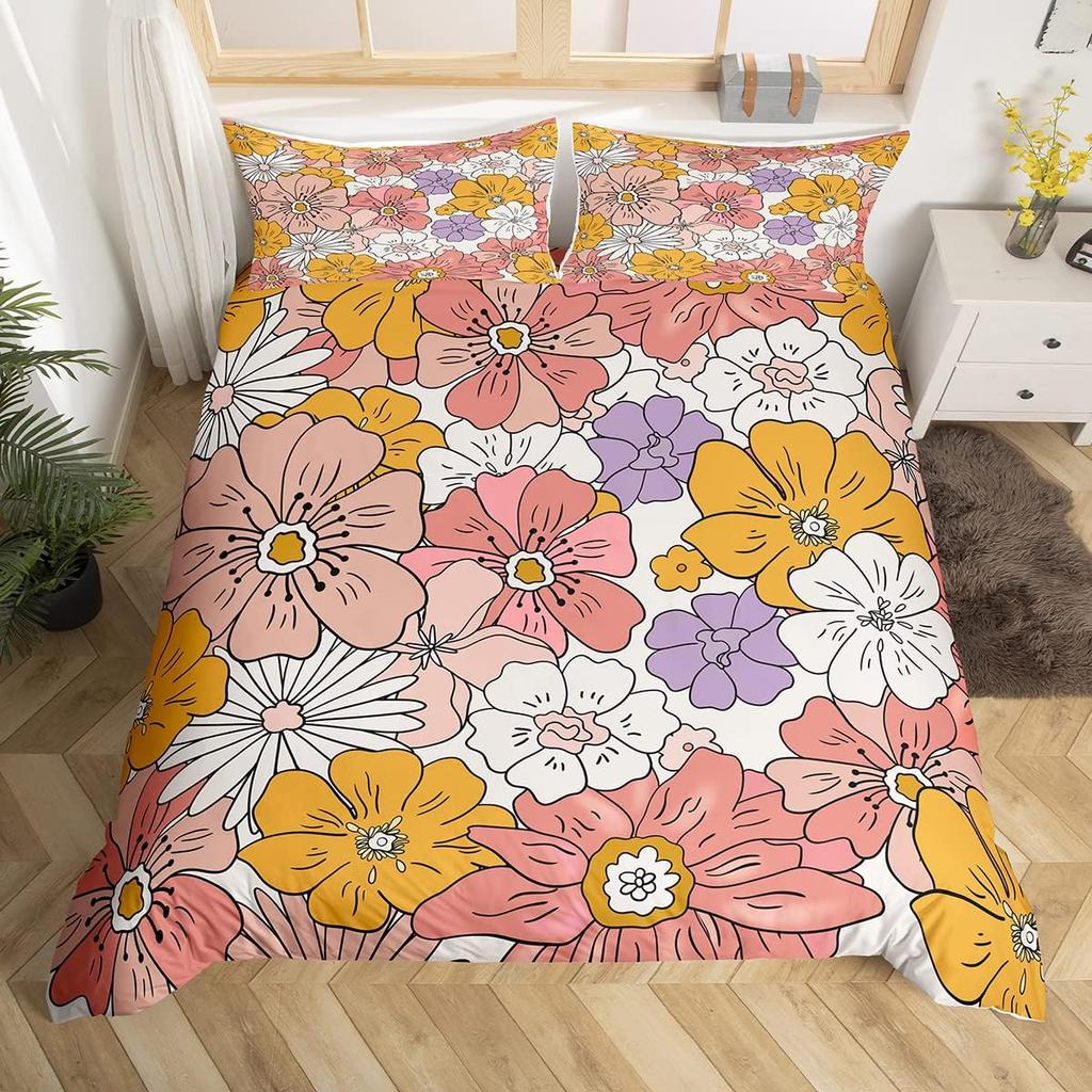 Exotic Floral Duvet Cover Abstract Geometric Bedding Set Microfiber Flowers Leaves Comforter Cover King For Girls Adult Bedroom