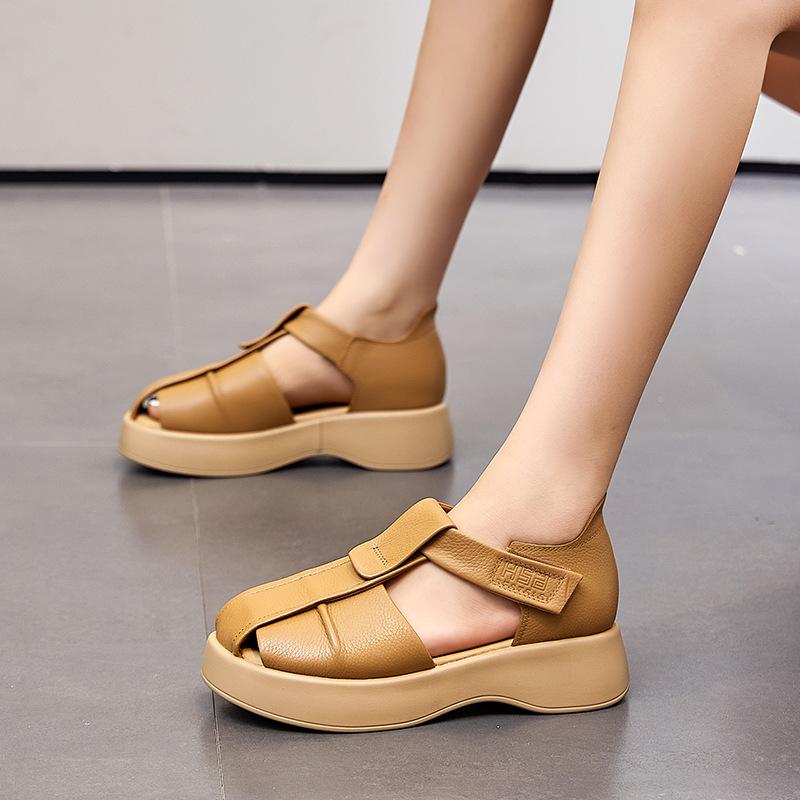 2025 summer new wear-resistant first-layer leather casual sandals women's tide European station platform sports Roman sandals women