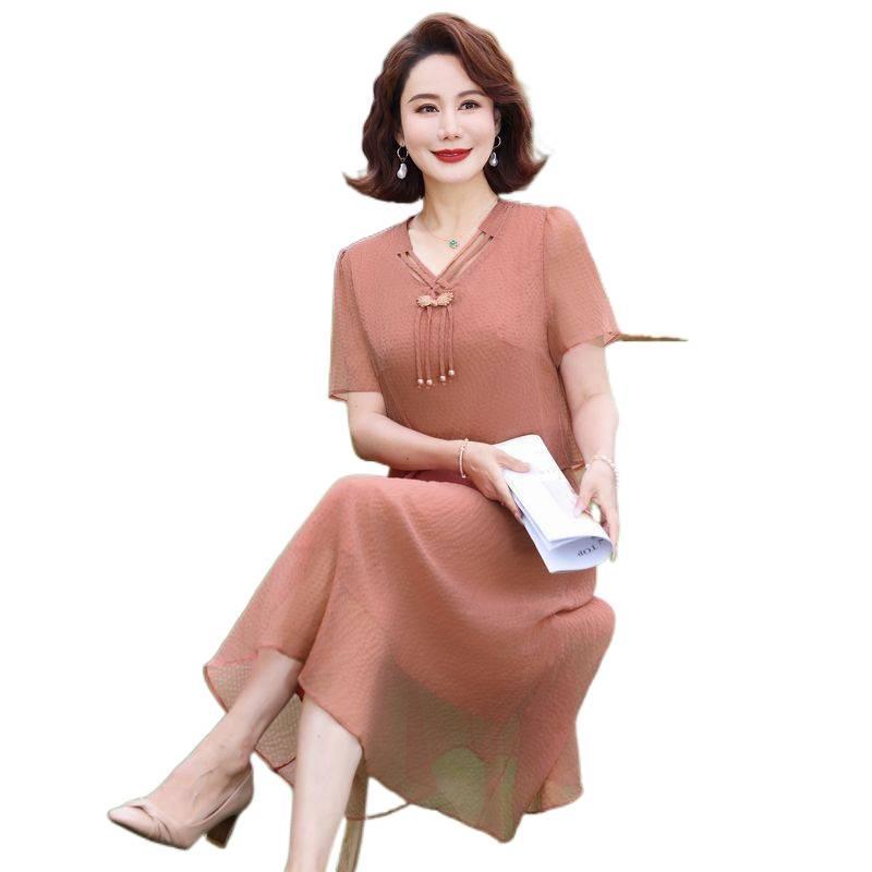 Chinese Inspired Two-Piece Short Sleeve Dress for Middle-Aged & Elderly Women - Summer Solid Color Trendy Mid-Length Skirt