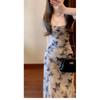 New Chinese Ink Butterfly Print Suspender Dress Summer Women's Vacation Style Slim Waist Hip Skirt Chiffon Dress