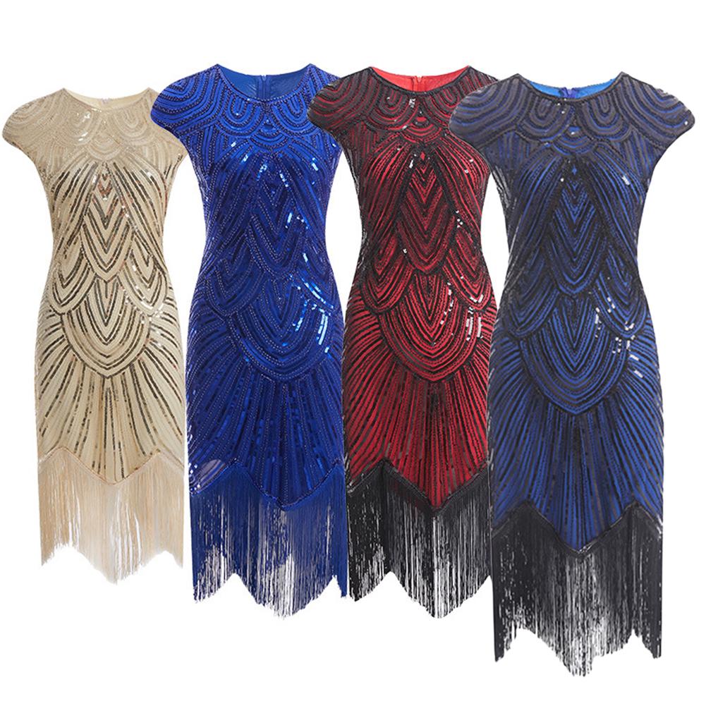 Mode Womenswear Vintage Frauen Pailletten Quasten Rundhals ärmelloses Bankett Cocktail Partykleid