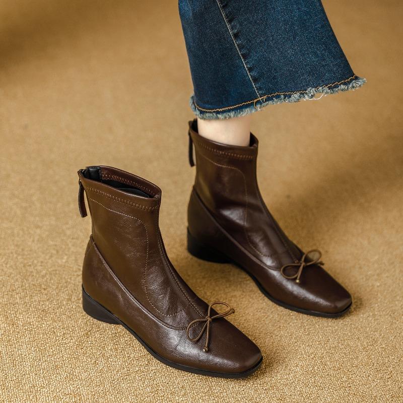 Autumn and winter new bow square head short boots women s rear zipper soft leather elastic thin boots fashionable versatile retro women s boots 40