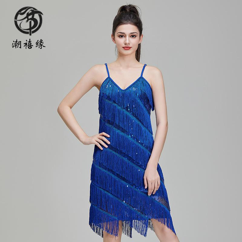 Prom sequins fringed Latin dress V-neck party dress performance dress stage performance competition dress