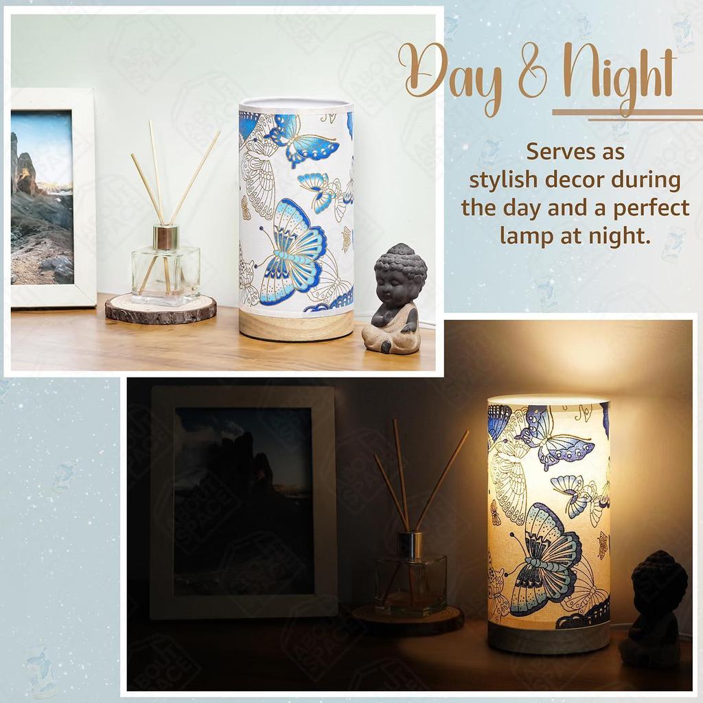Night Lamp - Butterfly Themed Bedside Reading Lamp with Wooden Base for Night, Bed Room, Living Room, Home & Decor