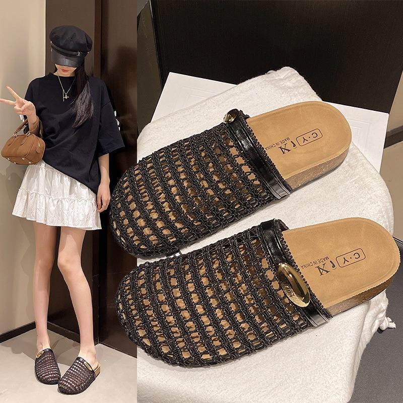 Mesh Soft Bottom Bag Head Slippers Women's Summer Wear New Thick Bottom Casual Half Tray Breathable Hollow Sandals