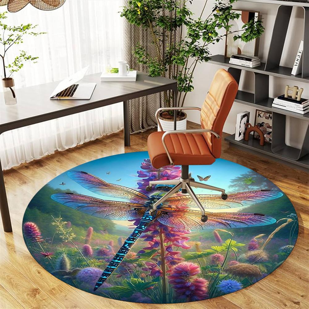 1pc Dragonfly Wildflowers Round Chair mat Area Rug - Non-Slip, Floor Mat for Office, Bedroom, home decor Christmas Gift-1002333