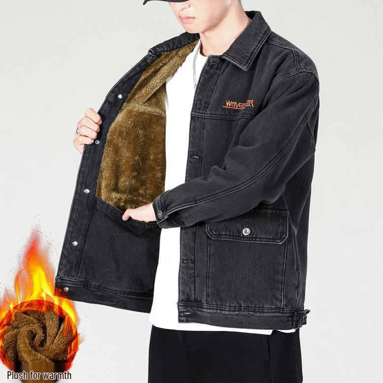 Men's Functional Embroidered Denim Jacket - Autumn/Winter Loose Fit, Japanese Trend, Plus Size Outerwear