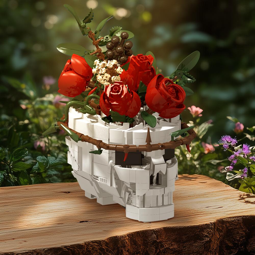 MOC Skull Roses Bouquet BricksSkeleton Flowers Plant Pot Blocks Horror Gothic Home Decor Bricks Toys for Adult DIY Gift