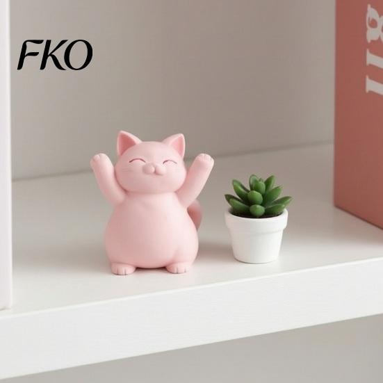 Luxury Cat Sculptures 3D Printed Pink Hugging Figurine, Adorable Sitting Kitten Statue with Raised Paws, Stable Statues Kawaii Desk Car Dashboard