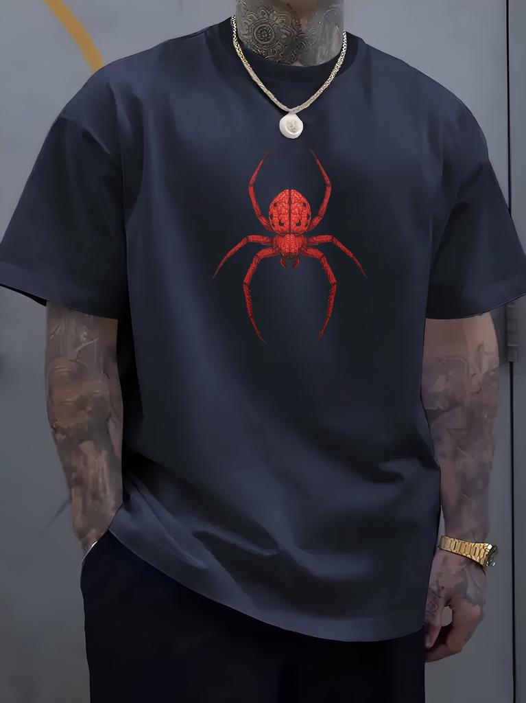 Unisex O Neck Tee Vivid Red Spider Animal Pattern Print Cotton Short Sleeve Loose Summer Breathable Daily Casual Basic Wear Top