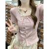 Korean Version of Pure Contrast Lace Edge Splicing Fake Two-piece Single-breasted Design Short-sleeved T-shirt Women's Summer Bottoming Top