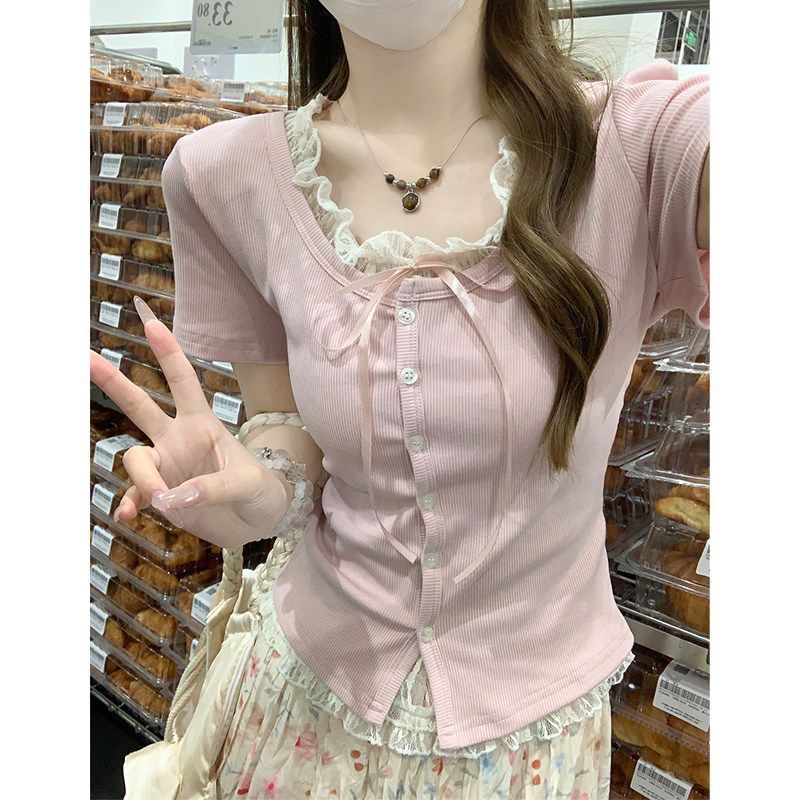Korean Version of Pure Contrast Lace Edge Splicing Fake Two-piece Single-breasted Design Short-sleeved T-shirt Women's Summer Bottoming Top