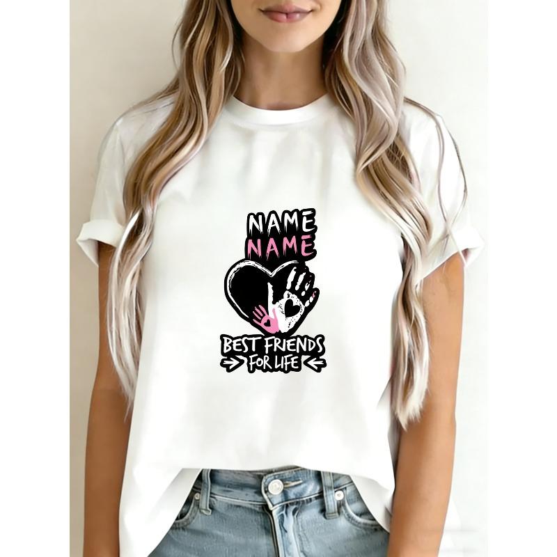 

White T Shirt With Heart And Hands Print Best Friends For Life Custom Name Design For Women Casual Wear XXXXL білий