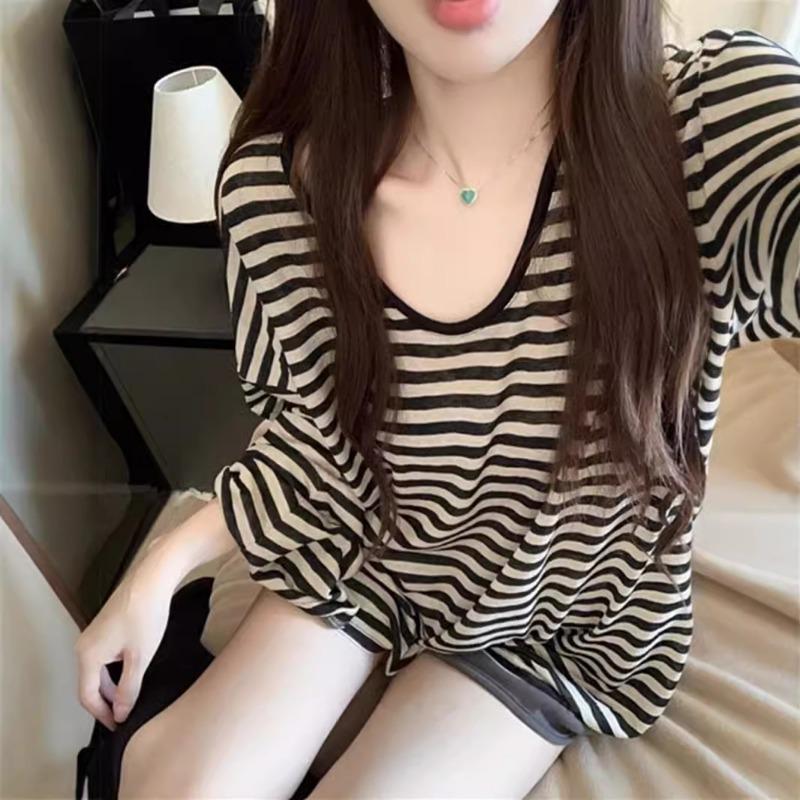 Striped Loose Long Sleeve U Neck Thin Sun Protection Blouse Casual Women Summer Top