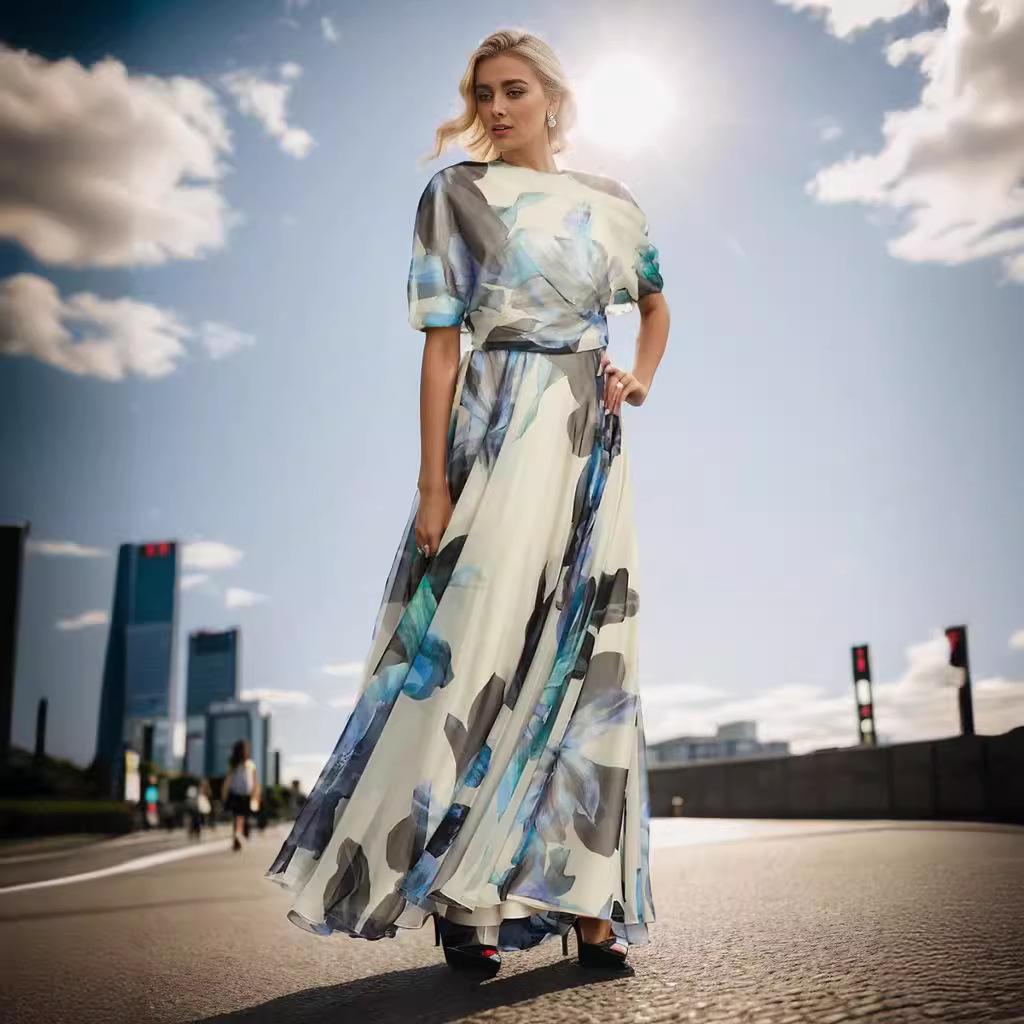 Vestido de gasa bohemio europeo y americano con un hombro descubierto