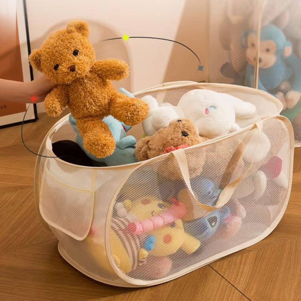 Portable Folding Laundry Basket Mesh Household Storage Bag Practical Dirty Clothes Bag Living Room