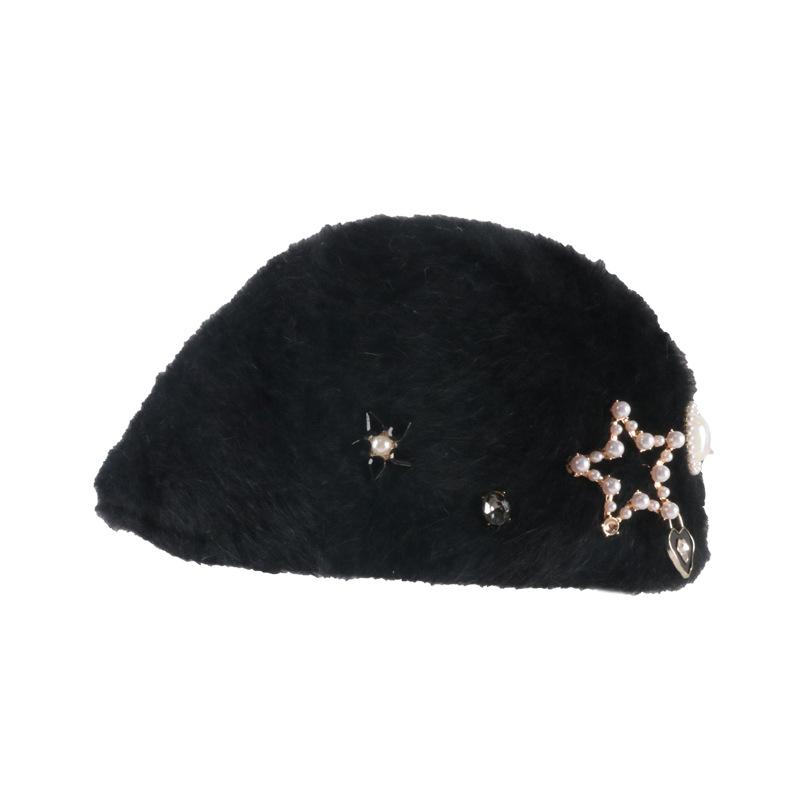 Autumn and winter sweet pearl rhinestone rabbit fur forward hat women's velvet warm face small beret painter hat