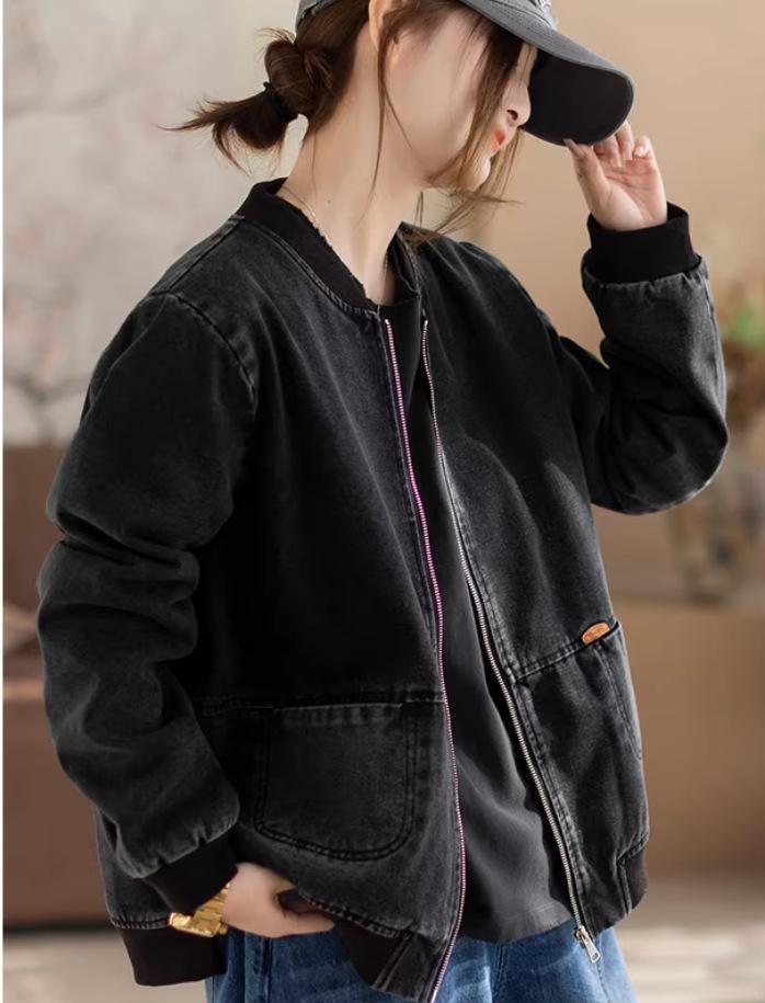 Giacca di Jeans Retro Usurata Stile Coreano con Patchwork a Coste