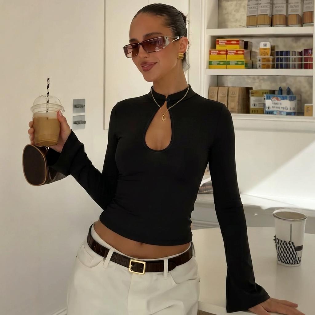 French hollow solid color bottoming shirt women's summer slim and thin stand-up collar long-sleeved T-shirt top wholesale