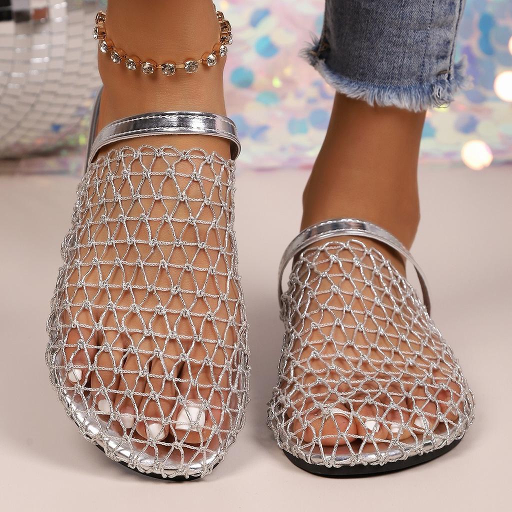 Bling Gold Silver Crochet Net Mule Slippers Woman Brand Design Mesh Flat Sandals Ladies Summer Elegant Hollow Out Fishnet Shoes