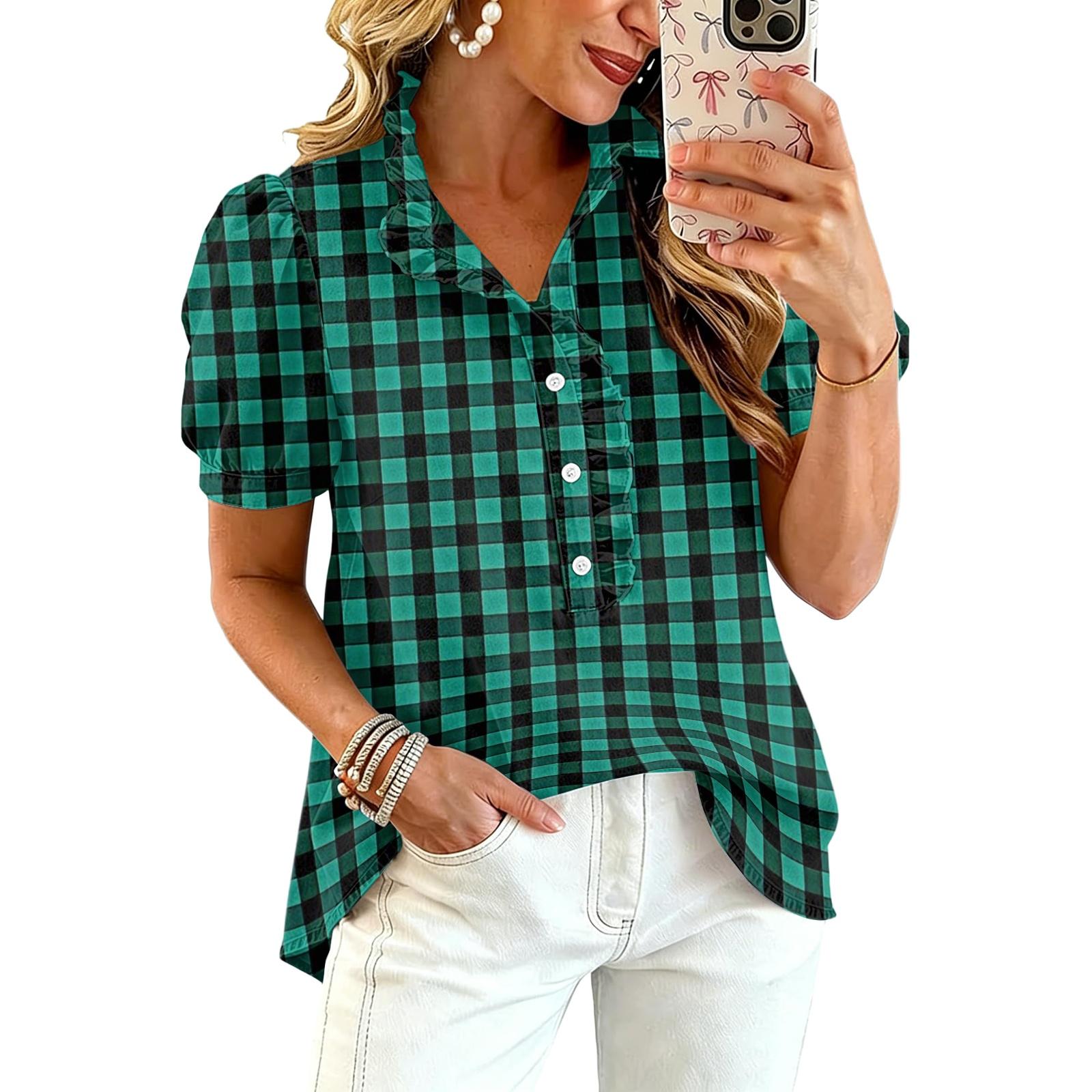 Women s Fashion Casual Ruffle V-Neck Plaid Print Blouse S