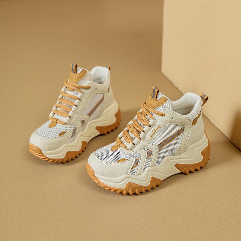 

2025 новые высокие кроссовки на толстой подошве, универсальные, дышащие, повседневные, папины кроссовки, танкетка, шнуровка, высокие сандалии, сетчатая обувь, женская обувь 40 жёлтый