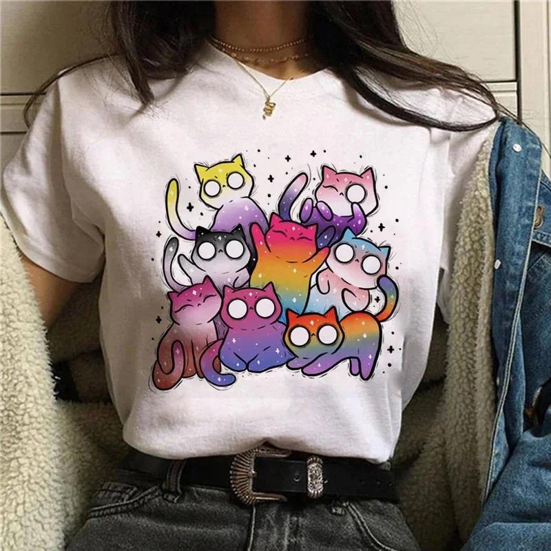 Kawaii Women's Sweet 90s Women's Cartoon Cat Summer Fashion Print Short-sleeved Cute Clothes Tops T-shirts T-shirts