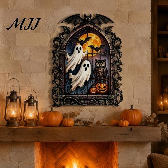 Metal Craft Party Supplies Gothic Ghost Wall Art, Vintage Bat Pumpkin Owl Hanging Plaques Sign for Living Room Bedroom Home Entrance Decor Indoor