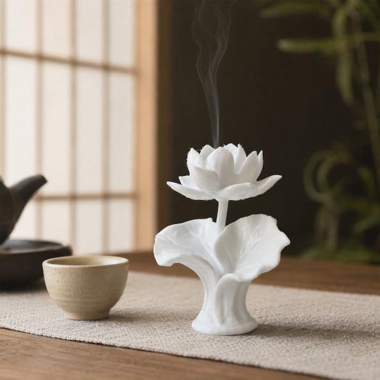 3D Printed Lotus Figurine, Flower Shape Decorative Incense Holder, Desktop Ornament for Meditation Yoga Room Home Office