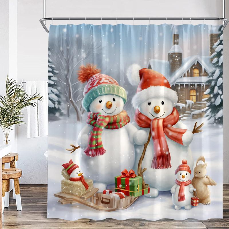 Funny Snowman Shower Curtain Silver Pine Branches Winter Forest Cedar Red Truck Elf Christmas Bath Curtains Home Bathroom Decor