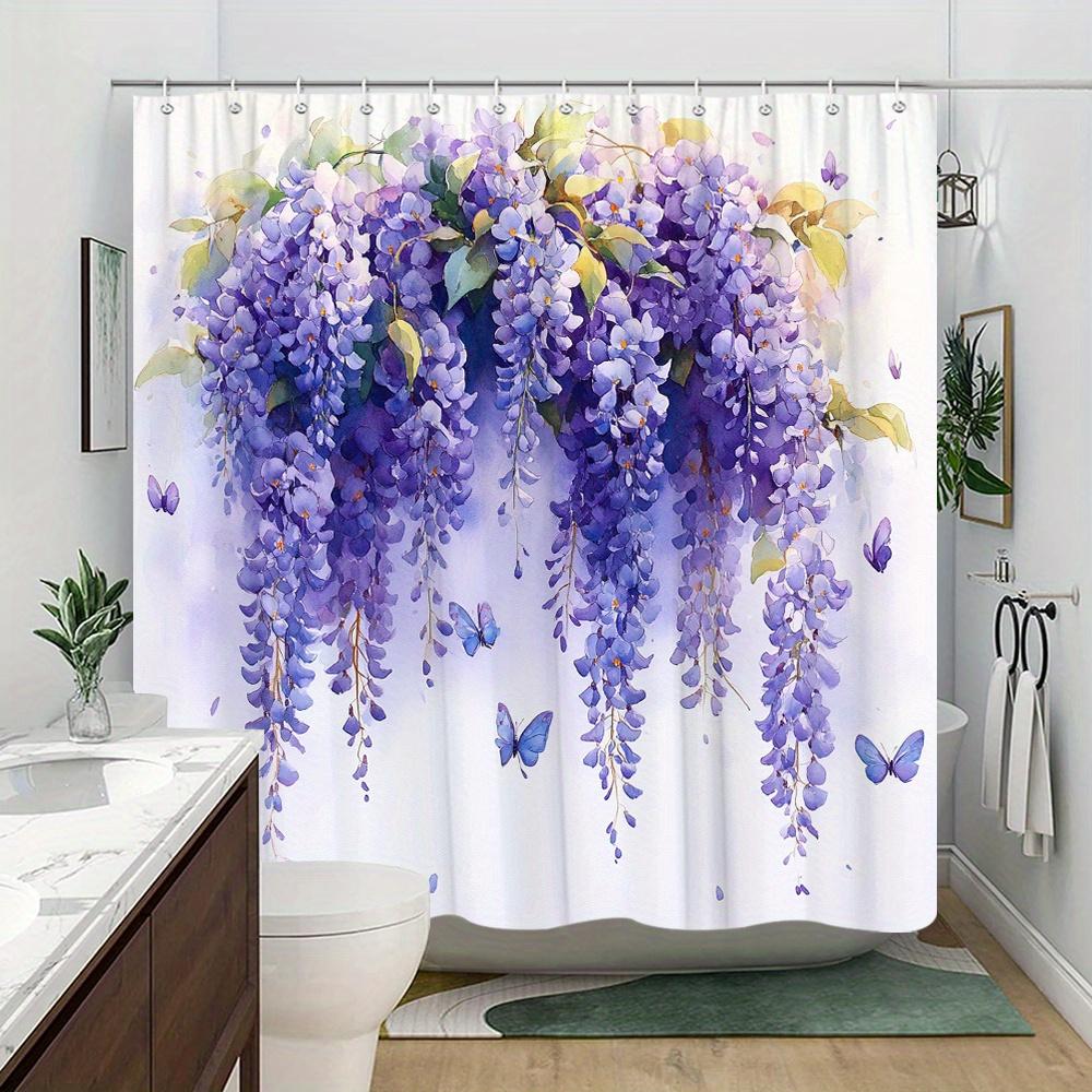 1pc Cascading Wisteria and Blue Butterfly Shower Curtain - Fantasy Watercolor Floral Pattern, Polyester Fabric, Machine Washable