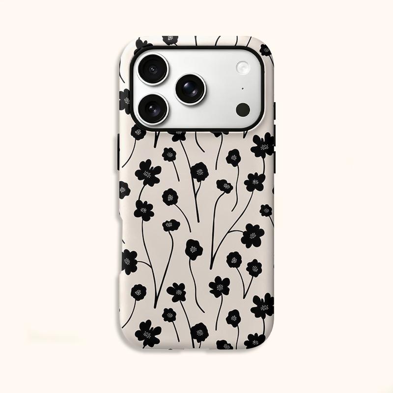 Delicate Organic Black Cream Floral Stem Pattern Art Film Aesthetic Protective Shockproof Bumper Phone Shell Cover For iPhone 14 15 16 Pro Max Plus
