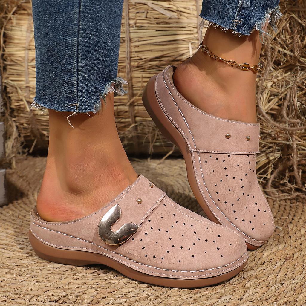 Foreign Trade Large Size 45 Bag Head Flat Bottom Casual Half Slippers Women's 2025 New Solid Color Wedge Metal Buckle Beach Slippers