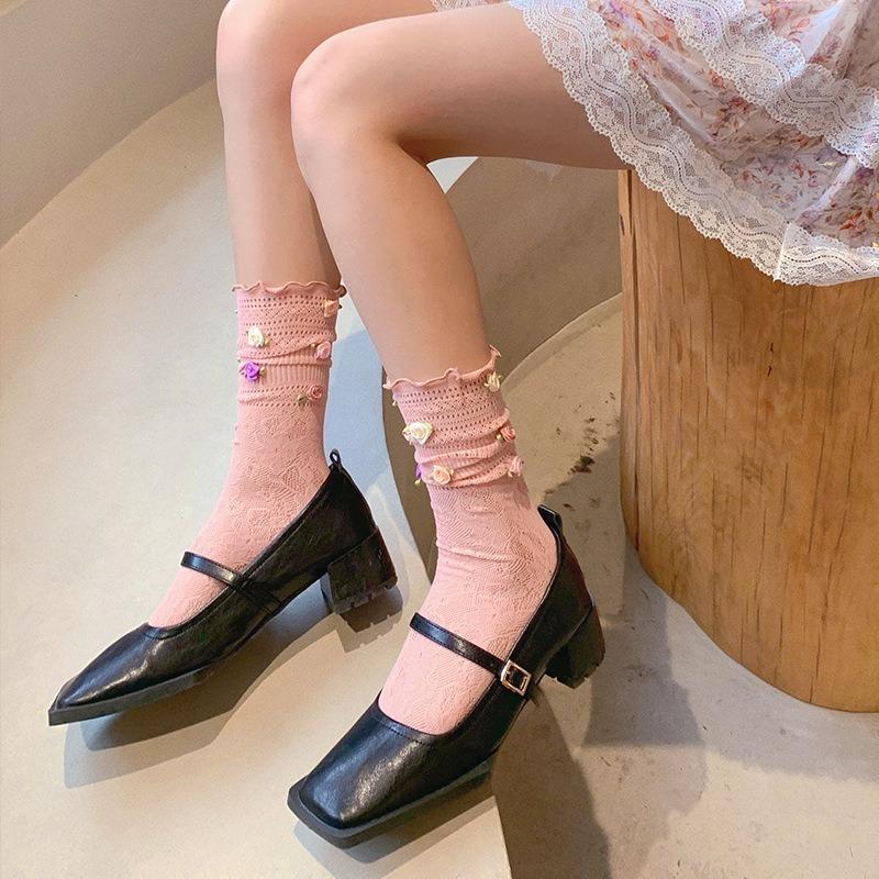 Rose Flowers Lace Socks for Women Summer Spring Sweet Lovely Breathale Cotton Middle Tube Socks Mesh Sock Girls Daily Hosiery