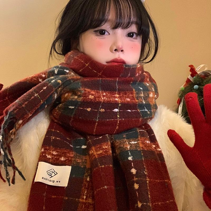 Red Plaid Fringed Scarf Women's Winter Korean Atmosphere Thickened and Kept Warm New Year's Christmas Scarf Student Shawl