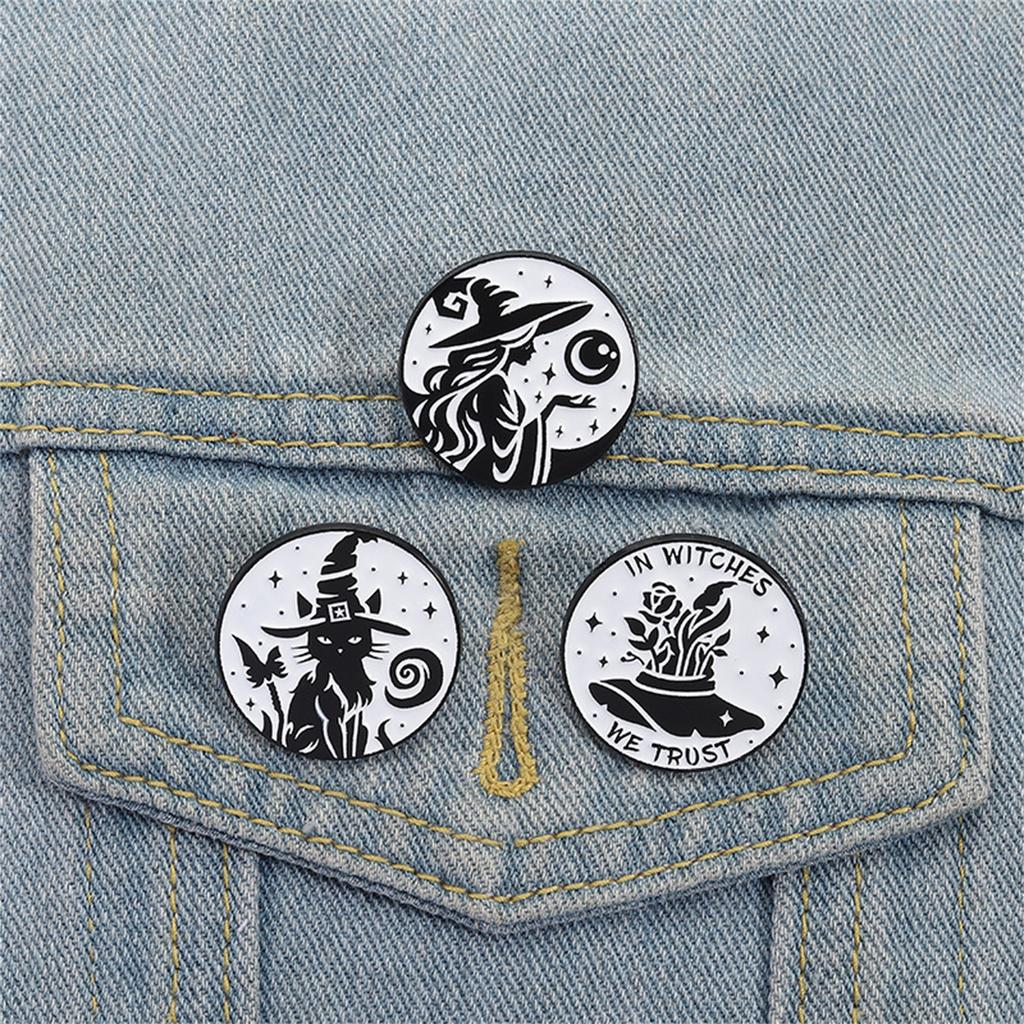 Witch Brooch Gothic Enamel Pin Punk Styles Black Cats Designs Jewelry Accessory For Halloween Outfit Decoration