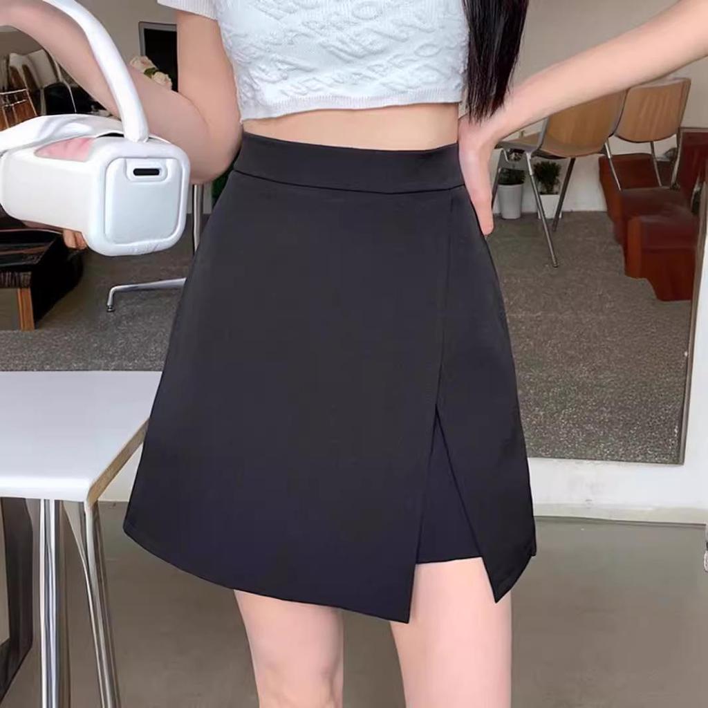 2025 Summer High-Waist Black A-line Midi Skirt - Slimming Plus Size, Hip-Hugging Design with Slit for Women