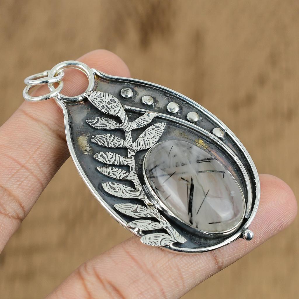Natural Black Rutile Gemstone Pendant 925 Sterling Silver Jewelry For Women
