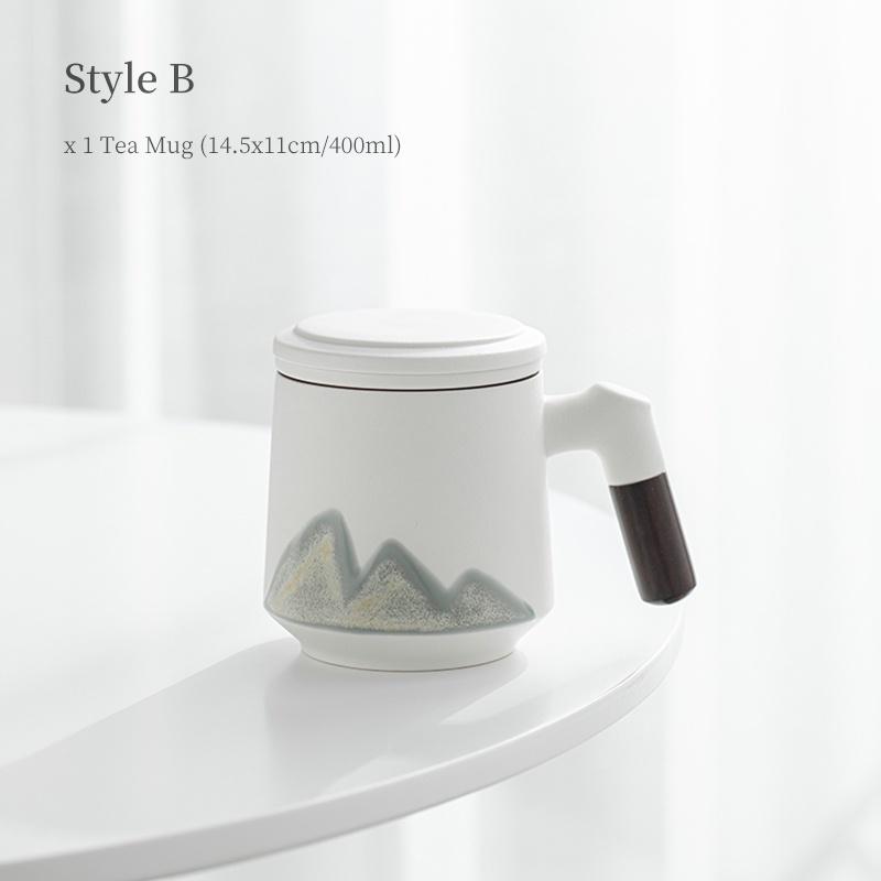 400ml Yuanshan Ceramic Mug with Lid Filter Wooden Handle Office Coffee Cup