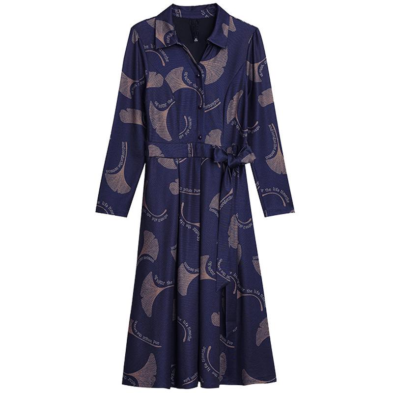 Elegant Floral Waist-Cinched Dress for Middle-Aged Women – Slimming Autumn/Winter Style