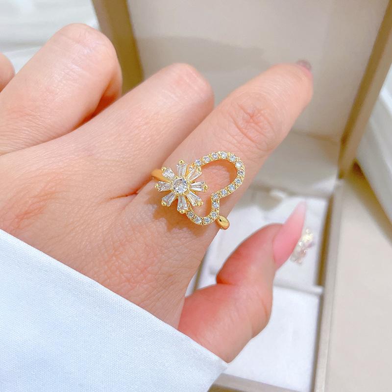 Real Gold Rotating Flower Zircon Personalized Opening Adjustable Light Luxury Jewelry Japanese Ring Couple Ring