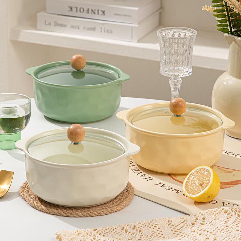 Creamy Style Double-Handle Ceramic Noodle Bowl with Lid