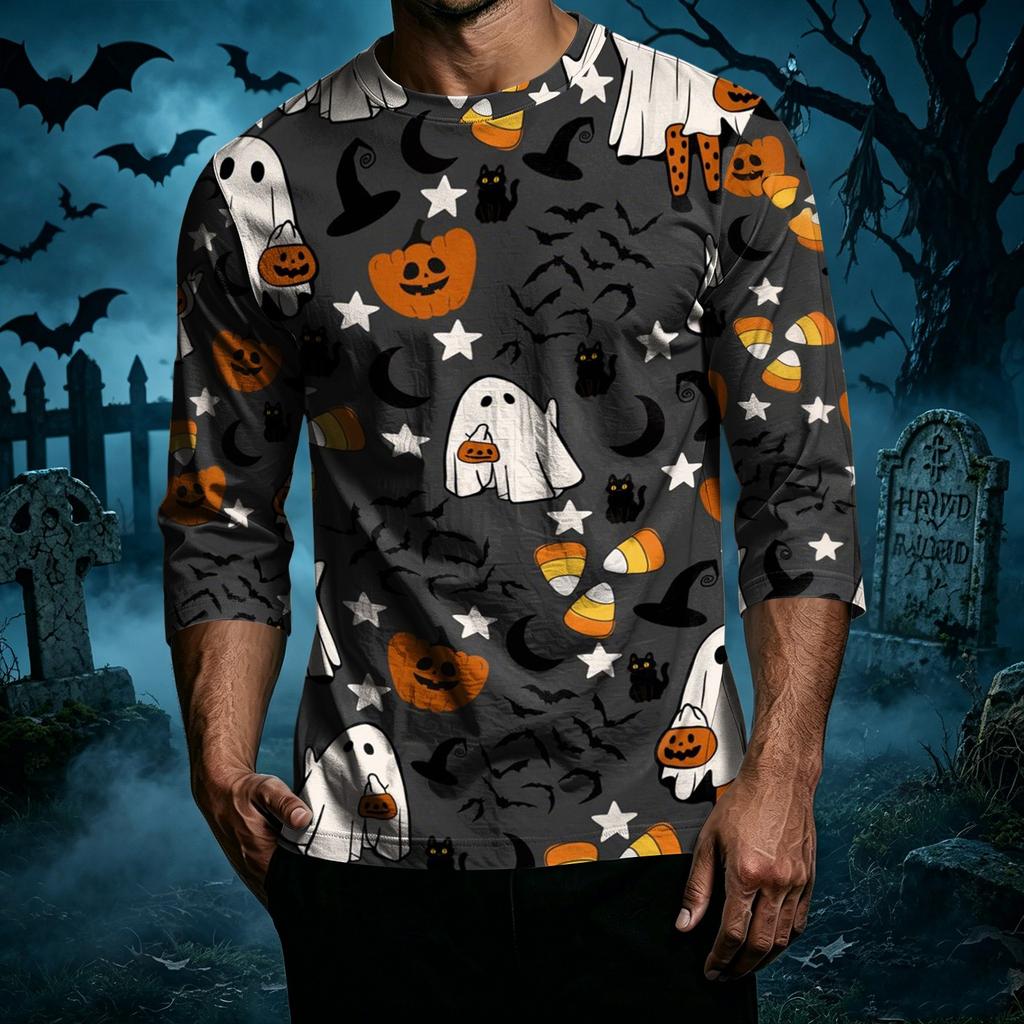 Men Casual Halloween Print Raglan Sleeve T Shirt Crew Neck Three Quarter Sleeve Top Lightweight Comfortable Fit