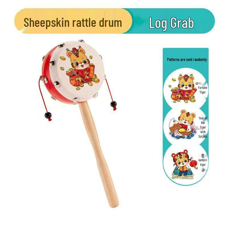 Lambskin Rattle: Wooden Baby Hand-Shaking Drum, Drop-Resistant, Chewable Musical Toy