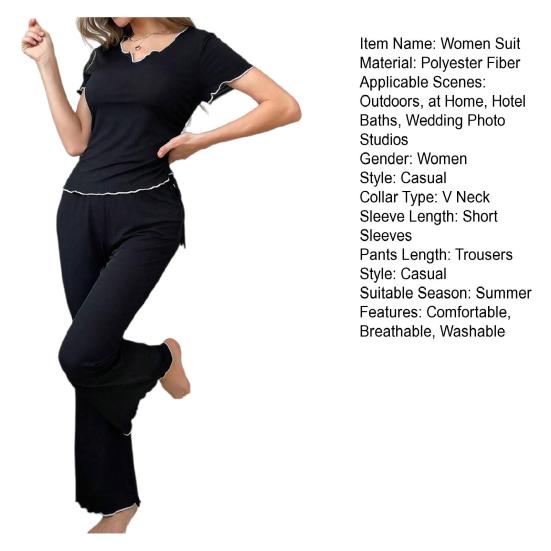 Conjunto de Pijama Feminino de Verão 2 Peças Slim Fit Cor Sólida Manga Curta Gola V Top Calça Longa Cintura Elástica Roupa de Dormir Casual Roupa para Ficar em Casa
