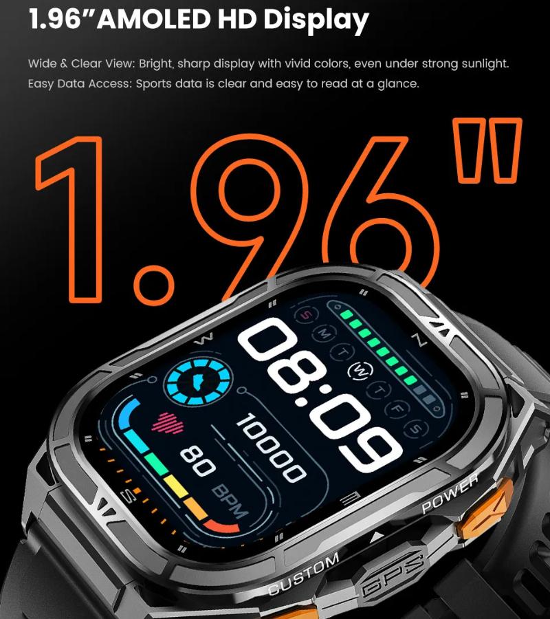 2025 New GPS Track Smart Watch Men 5ATM Waterproof 1.96"AMOLED Always Display Compass Heart Rate 530mAh Battery BT Call Smartwatch