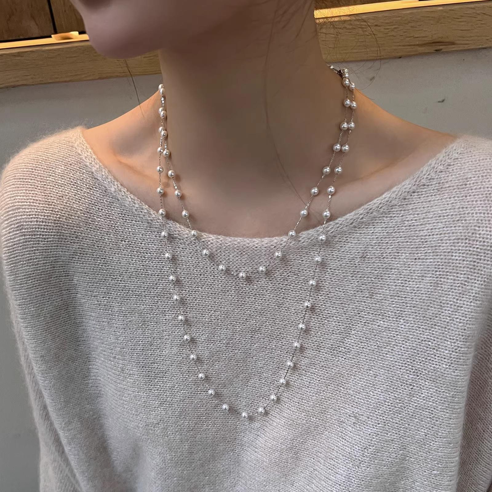 

Vintage Handmade Double Layer White Imitation Pearl Necklace For Women Bead Long Sweater Chain Necklace Wedding Jewelry Gift Adjustable