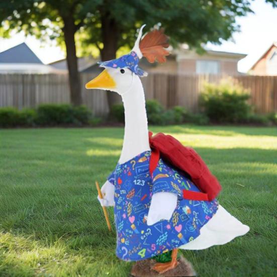 4Pcs/Set Back to School Porch Goose Outfits Outdoor Garden Lawn Yard Goose Statue Printed Dress Red Hat Backpack Pencil Dress-up Clothing