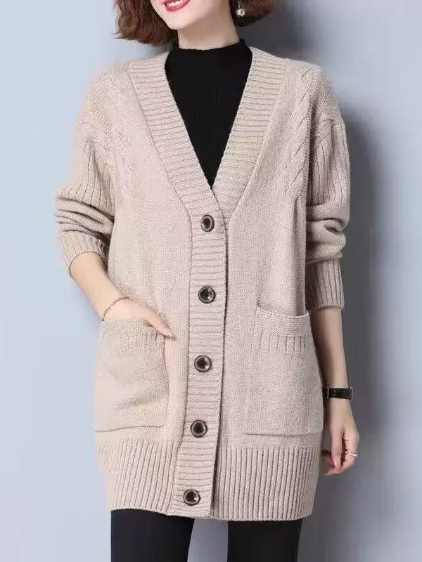 Women's Mid-Length Knitted Cardigan - Stylish Plus Size Loose Sweater for Autumn/Winter