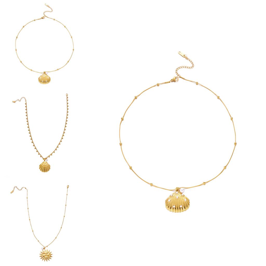 Oceanic Style Stainless Steel Necklace With Pearl And Sun Motif For Vacation Look